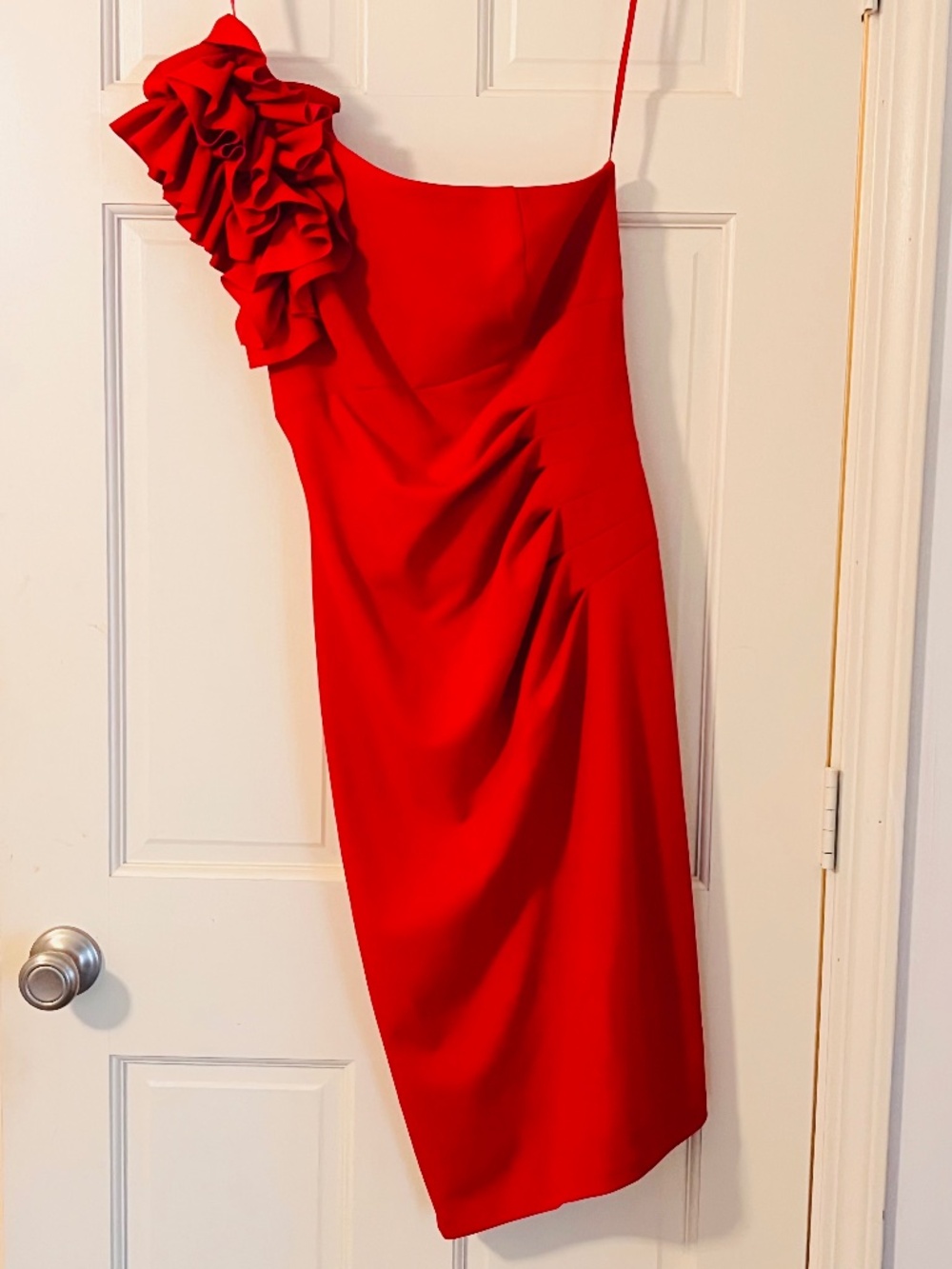 XSCAPE Timeless Red Form Fitting One-Shoulder Red Dress
